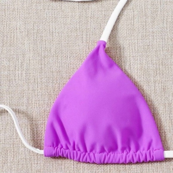 Purple color block halter knot triangle padded top thong bikini swimsuit Sz M - Picture 3 of 6